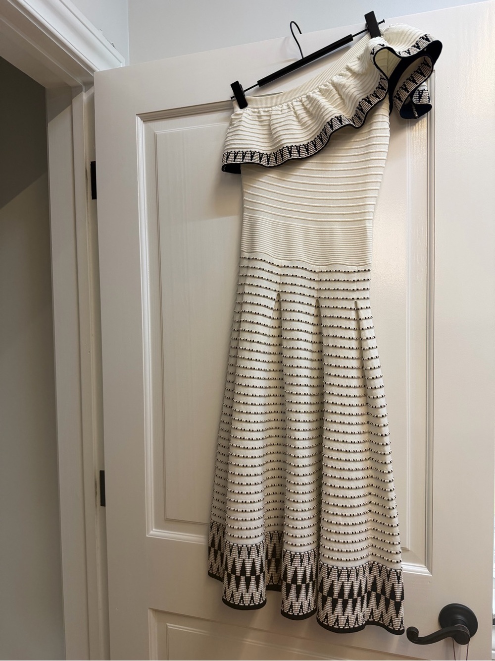 Maje Ivory Midi Dress with Black Trim